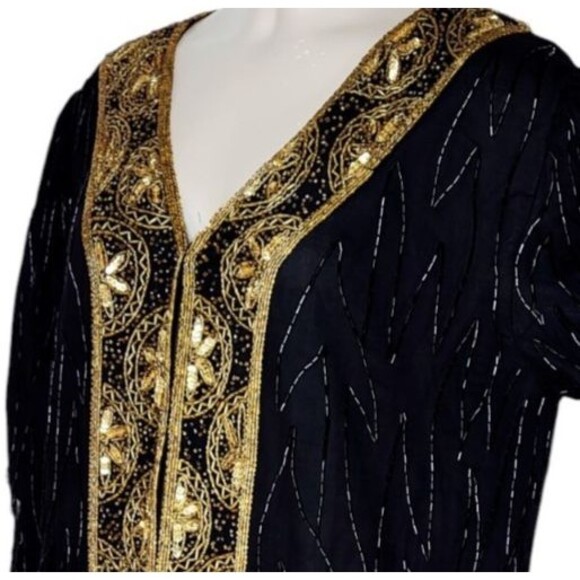 Vintage 80s 90s Royal Feelings 100% Silk Gold Beaded Sequined Jacket Size L/XL - Picture 6 of 10